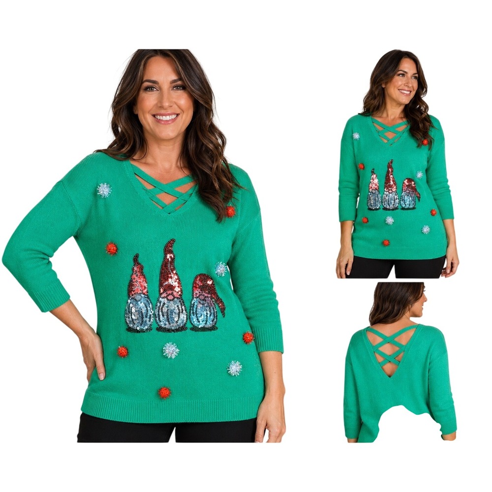 Vintage Y2K Poof NY Green Christmas Gnome Sequin Pom Pom Sweater Women Small